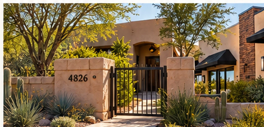 Tucson-area residence entrance with visible street number and desert landscaping
