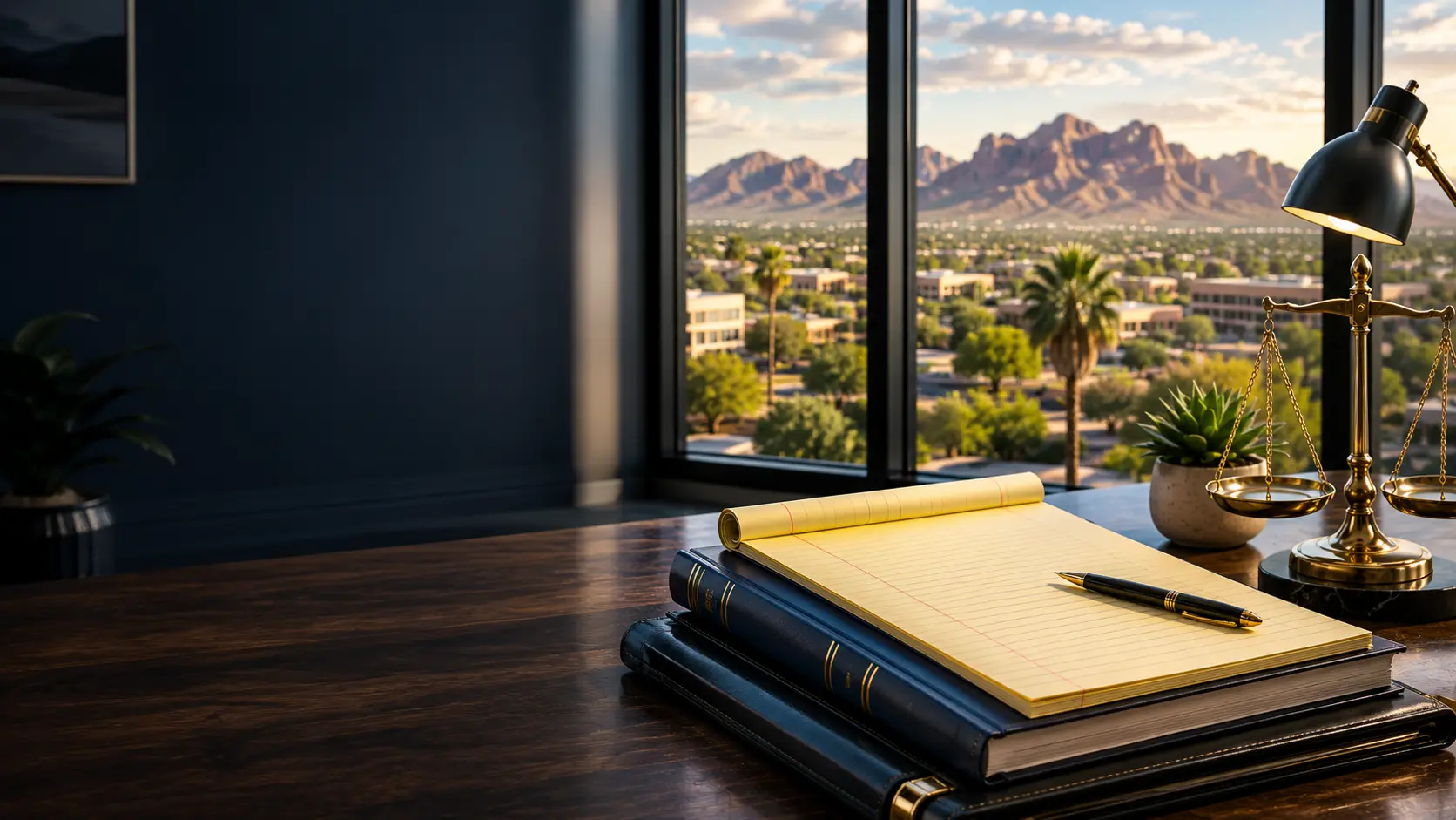 Professional desk with books, yellow legal pad, and a Phoenix desert vista