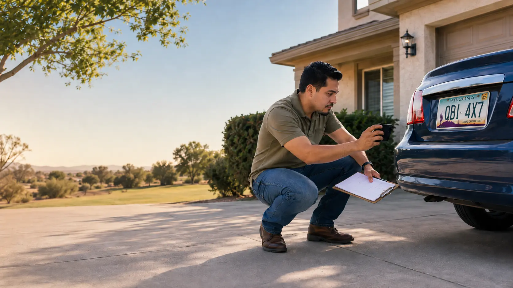 Process server documenting a vehicle in a driveway